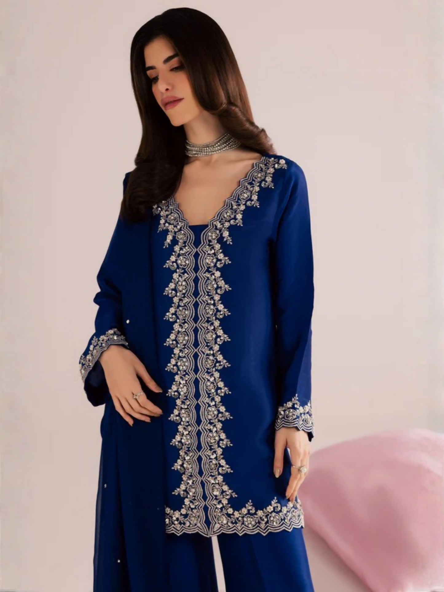Allure By IH Silver Night Tussel Silk Embroidered Stitched 3-Piece Suit-Crowne