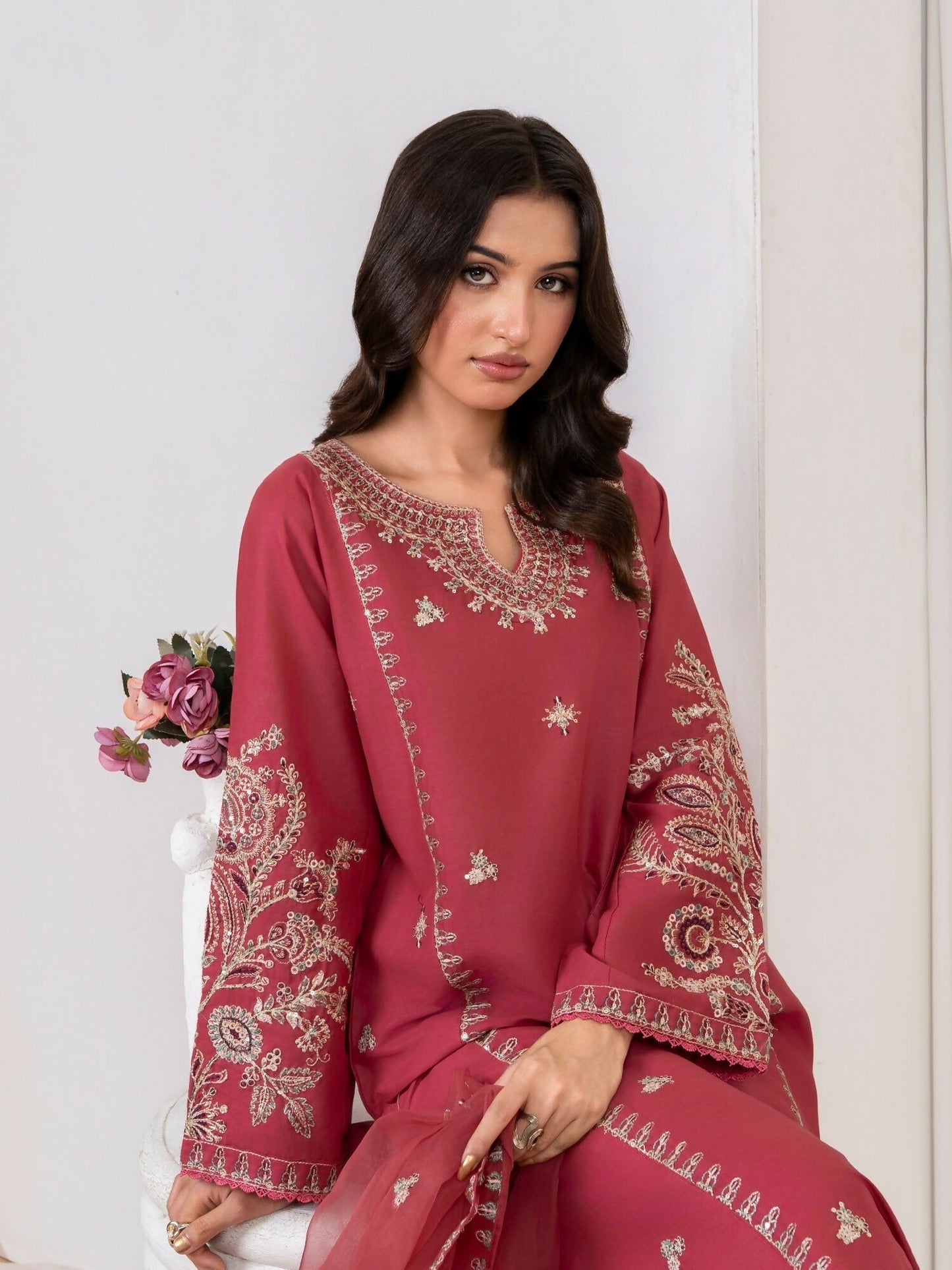 Stylish Collection Saya Pret Linen Chambray Embroidered 3-Piece Suit-Pink Opal