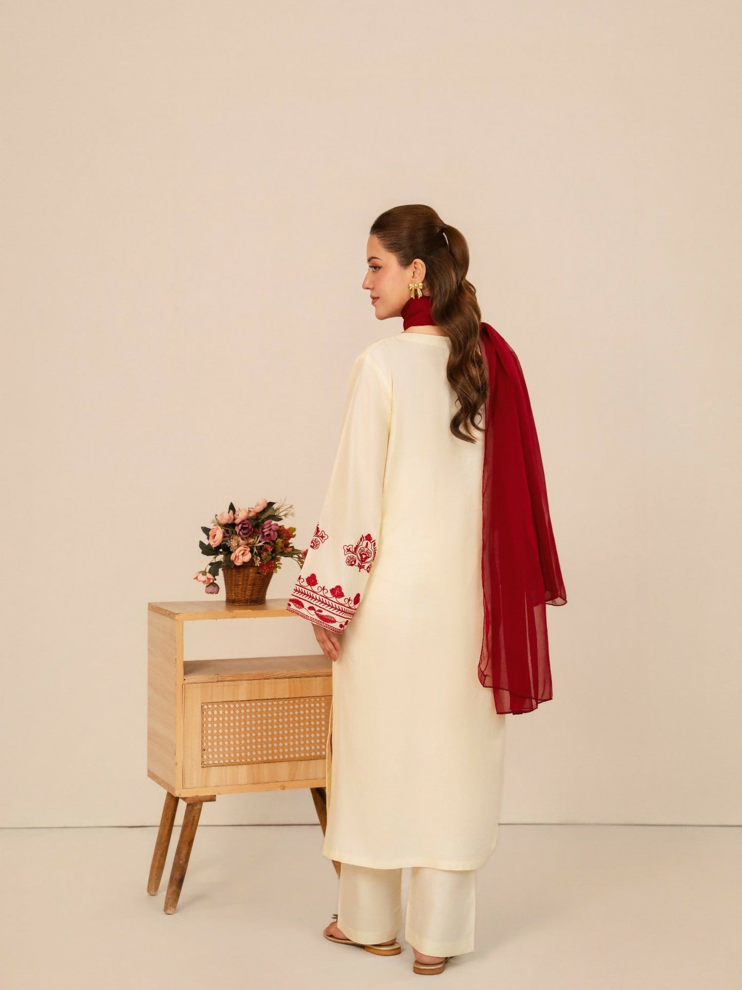 Stylish Collection Whisper Pret Linen Embroidered Stitched 3-Piece Suit-Laal Bahar