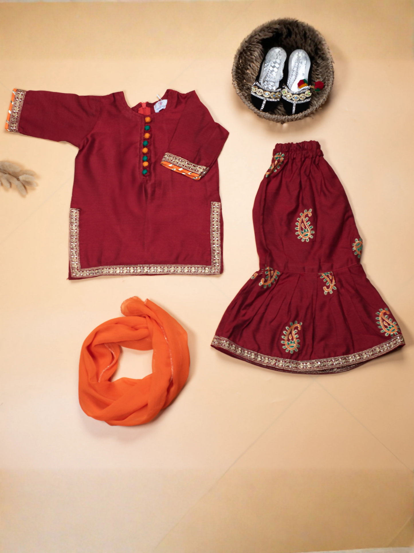 Kidoz Kloset Rang Rasiya Cotton Silk Embroidered Stitched 3-Piece Suit-Amber Mirage Gharara-Infant
