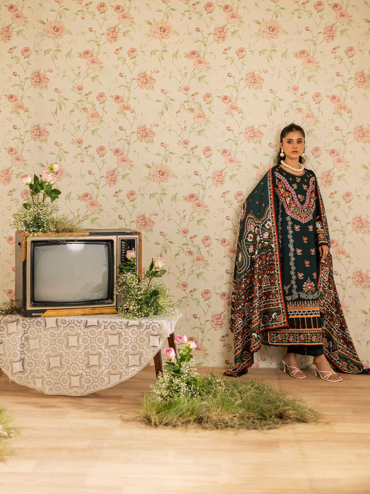 Mahnur Kaia Slub Linen Embroidered Stitched 3-Piece Suit-K- 08