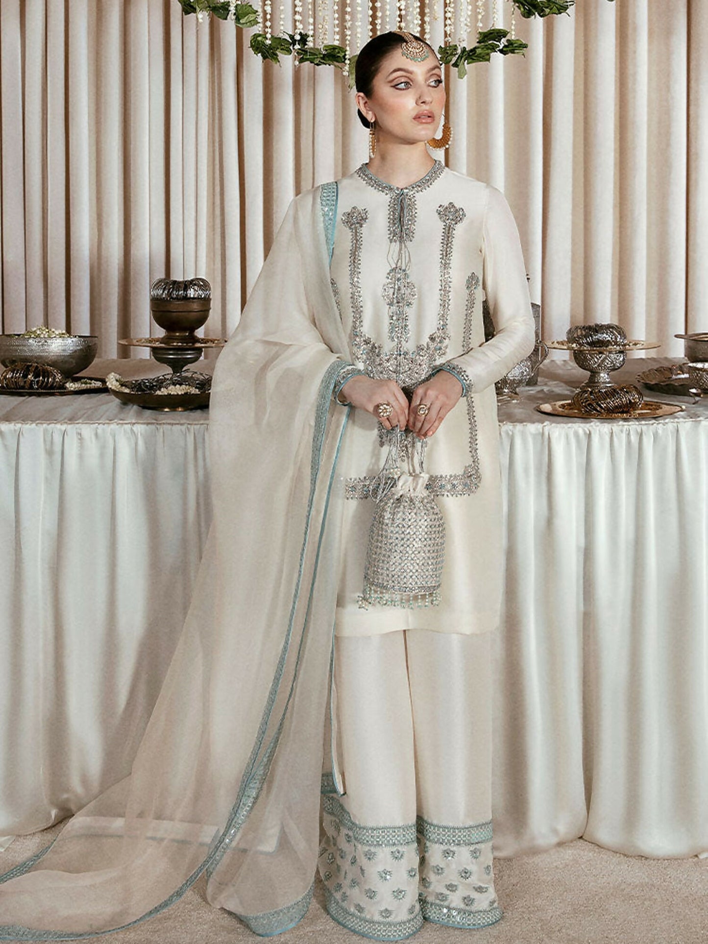 Hussain Rehar – White Raw Silk Embellished Shirt with Palazzo Pants and Organza Dupatta