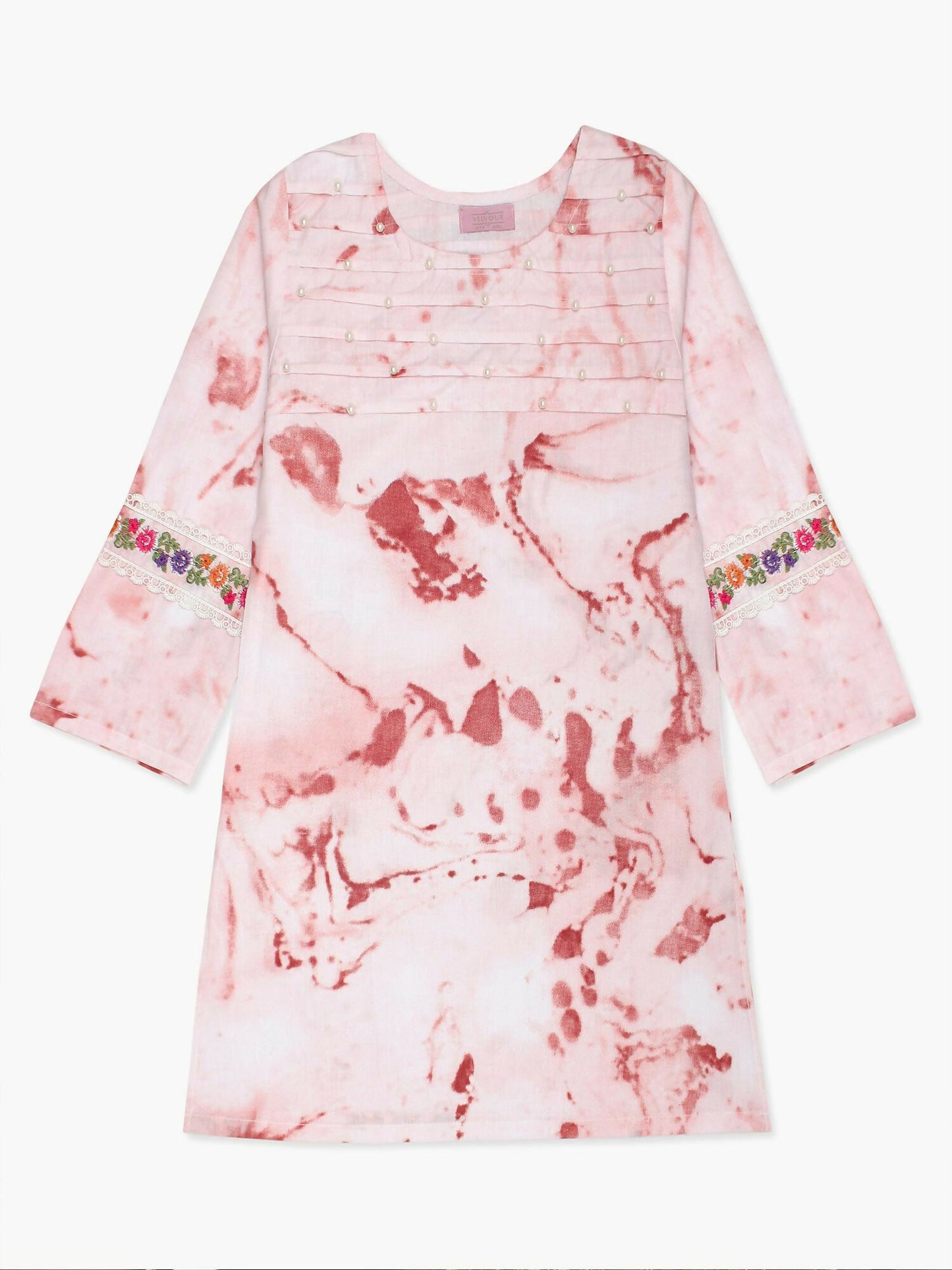 Pink and White Velvour Girls Embroidered Stitched Kurti-VG54