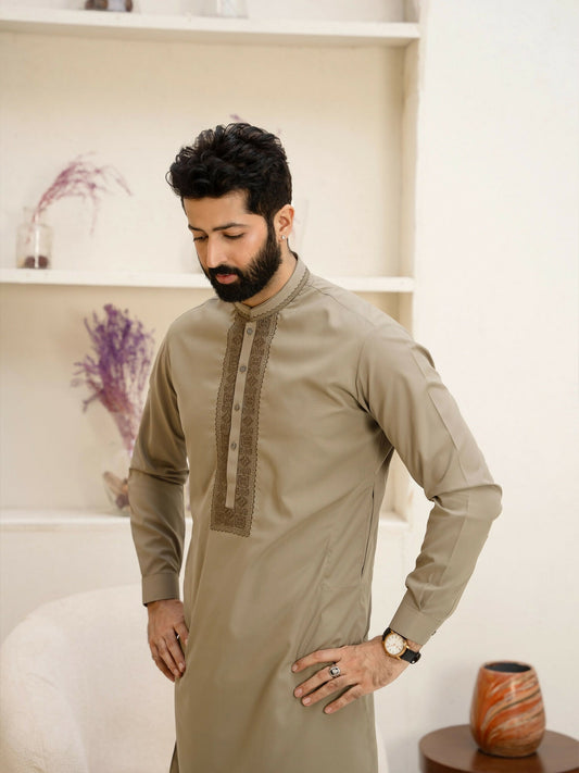 Fabrich Men Wash & Wear Embroidered Unstitched Shalwar Kameez-Olive-Khaki