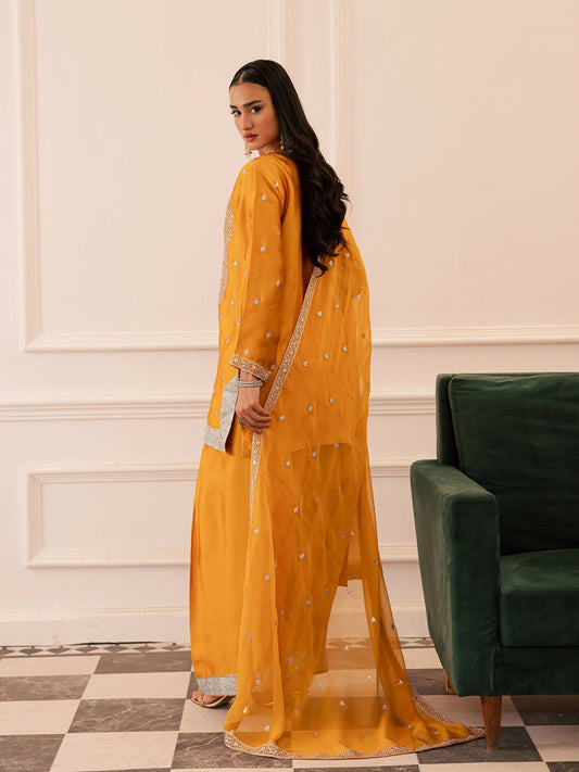 Allure By IH Be-My-Guest Thai silk Embellished Stitched 3-Piece Suit-Honey Burn