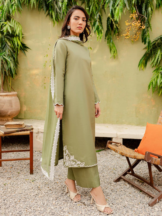 Allure By IH Katan Silk Embroidered Stitched 3-Piece Suit-Sage