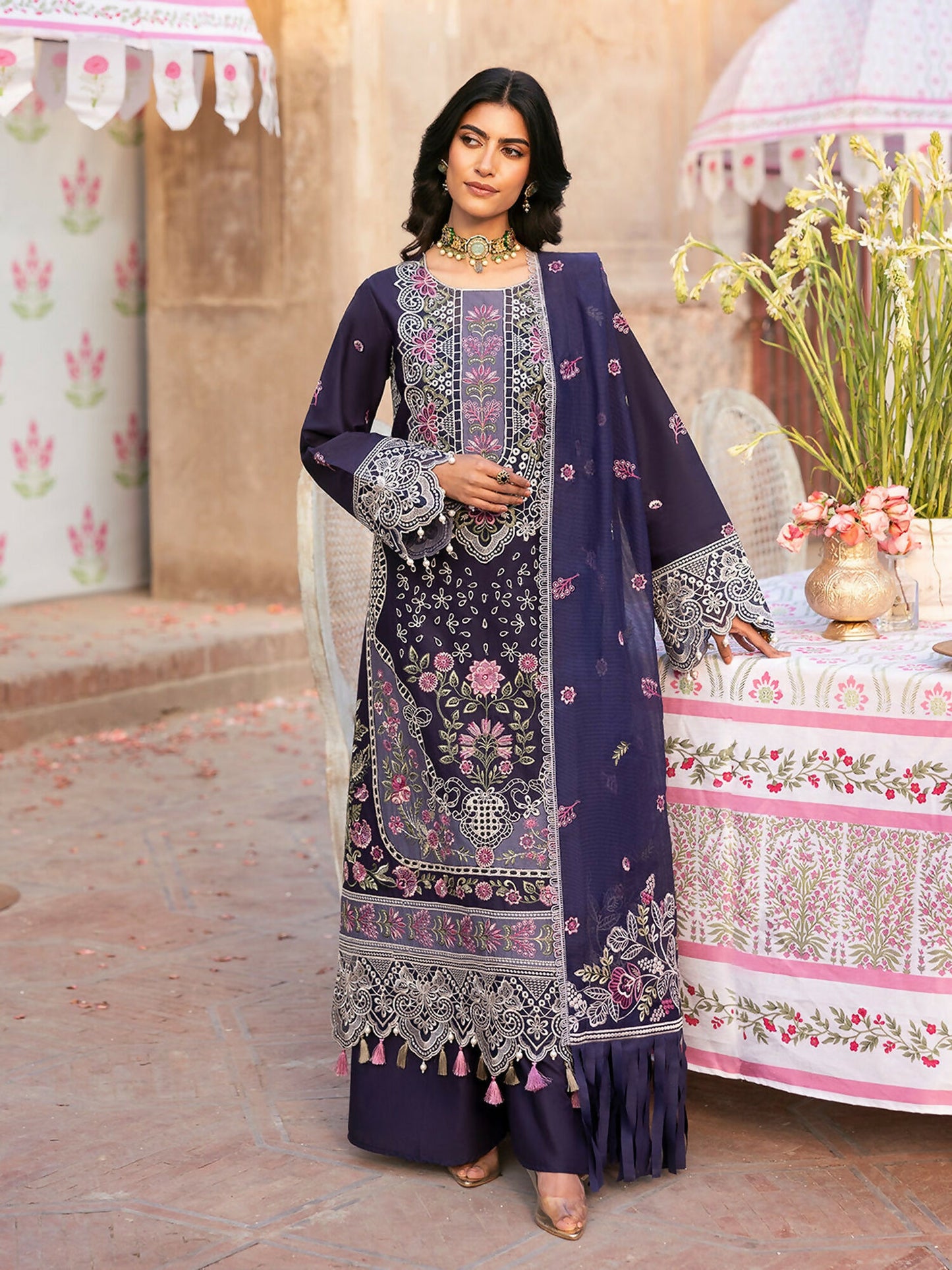 Stitched 3 piece lawn suit from Mahnur Husn e Jahan Collection with embroidered shirt, cotton net dupatta, and dyed trouser