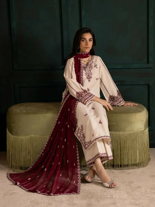 Stylish Collection Royal Pret Linen Embroidered Stitched 3-Piece Suit-Lvory Rua