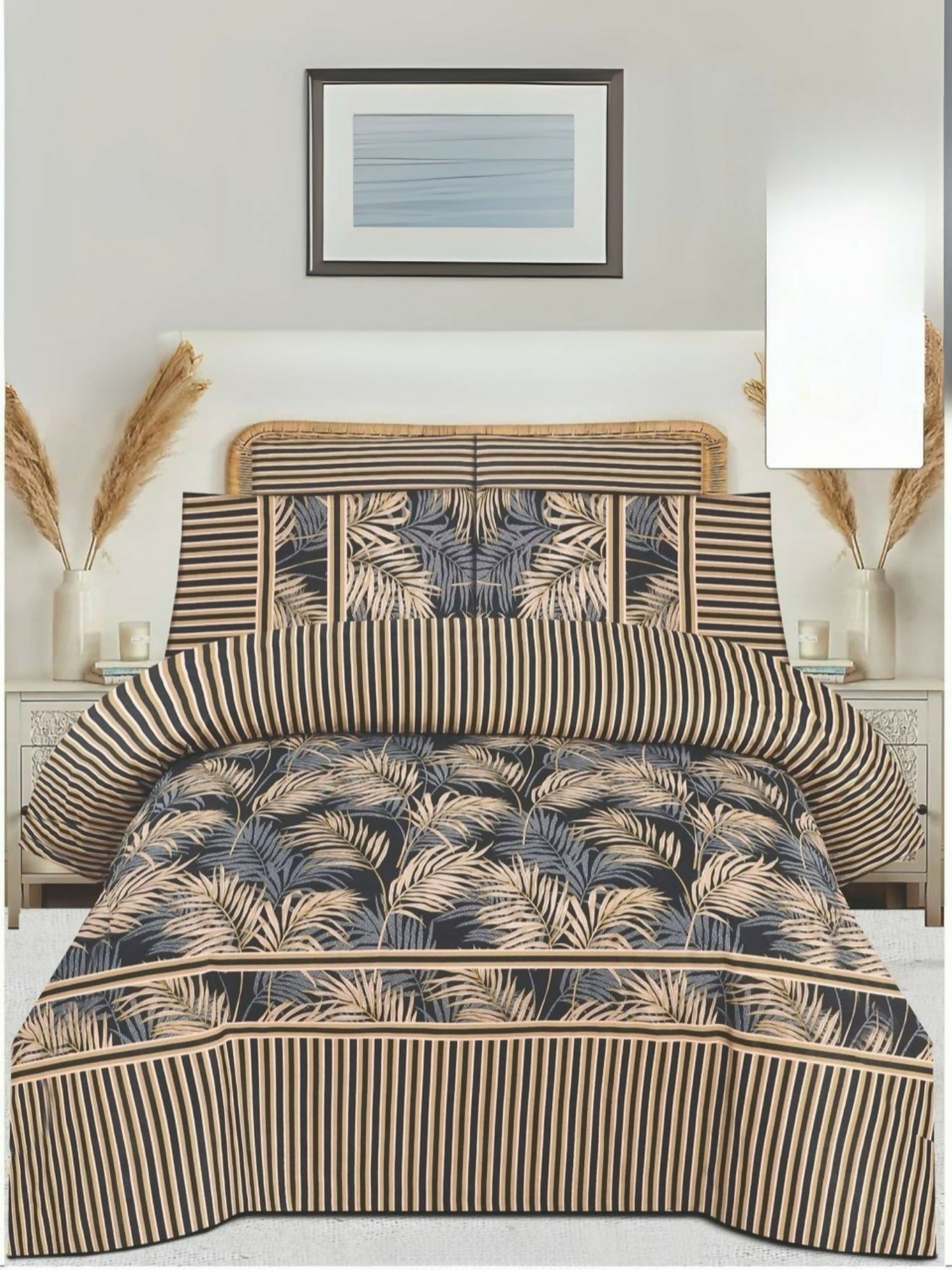 Danier 6pcs comforter set in beige and black with leaves design – includes comforter, bedsheet, and four pillow covers.