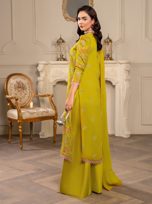 Hemstitch Chiffon Embroidered Stitched 3-Piece Suit-Parrot Green