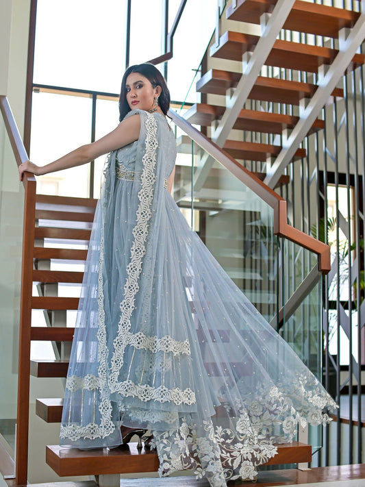 Farooq Hameed Studio Net Embellished Stitched 3-Piece Suit-Laira