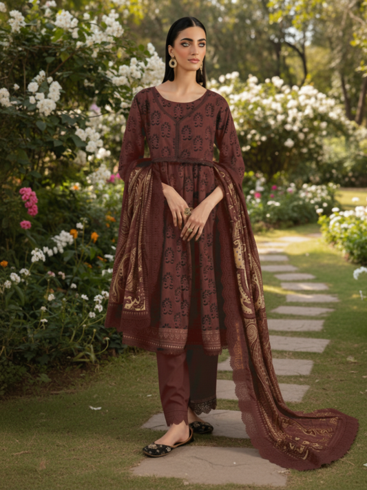 Mausummery Khaddar Printed Unstitched 3-Piece Suit-Cornelian