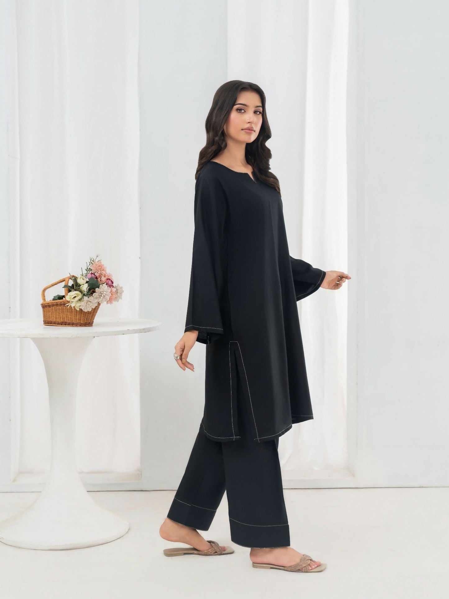 Stylish Collection Allure Linen Stitched 2-Piece Suit-Plain Black