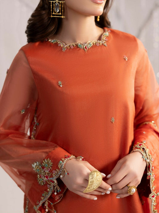 Shurooq Echoes In Bloom Silk Embellished Stitched 3-Piece Suit-Amber Dusk