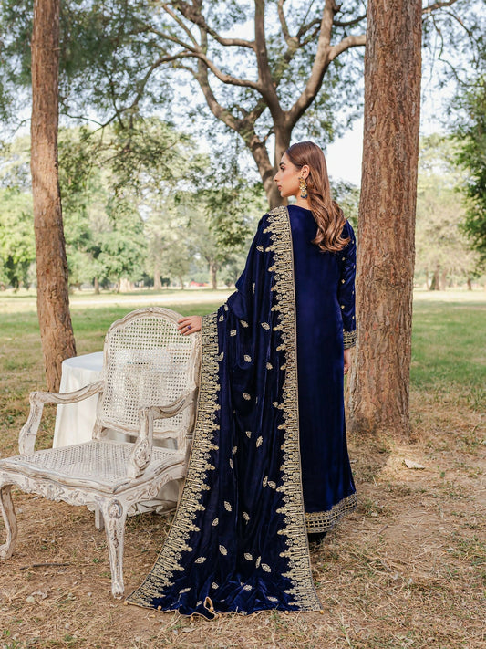 Panache Apparel Velvet Edit Micro Velvet 9000 Embroidered Stitched 3-Piece Suit-Lamisa