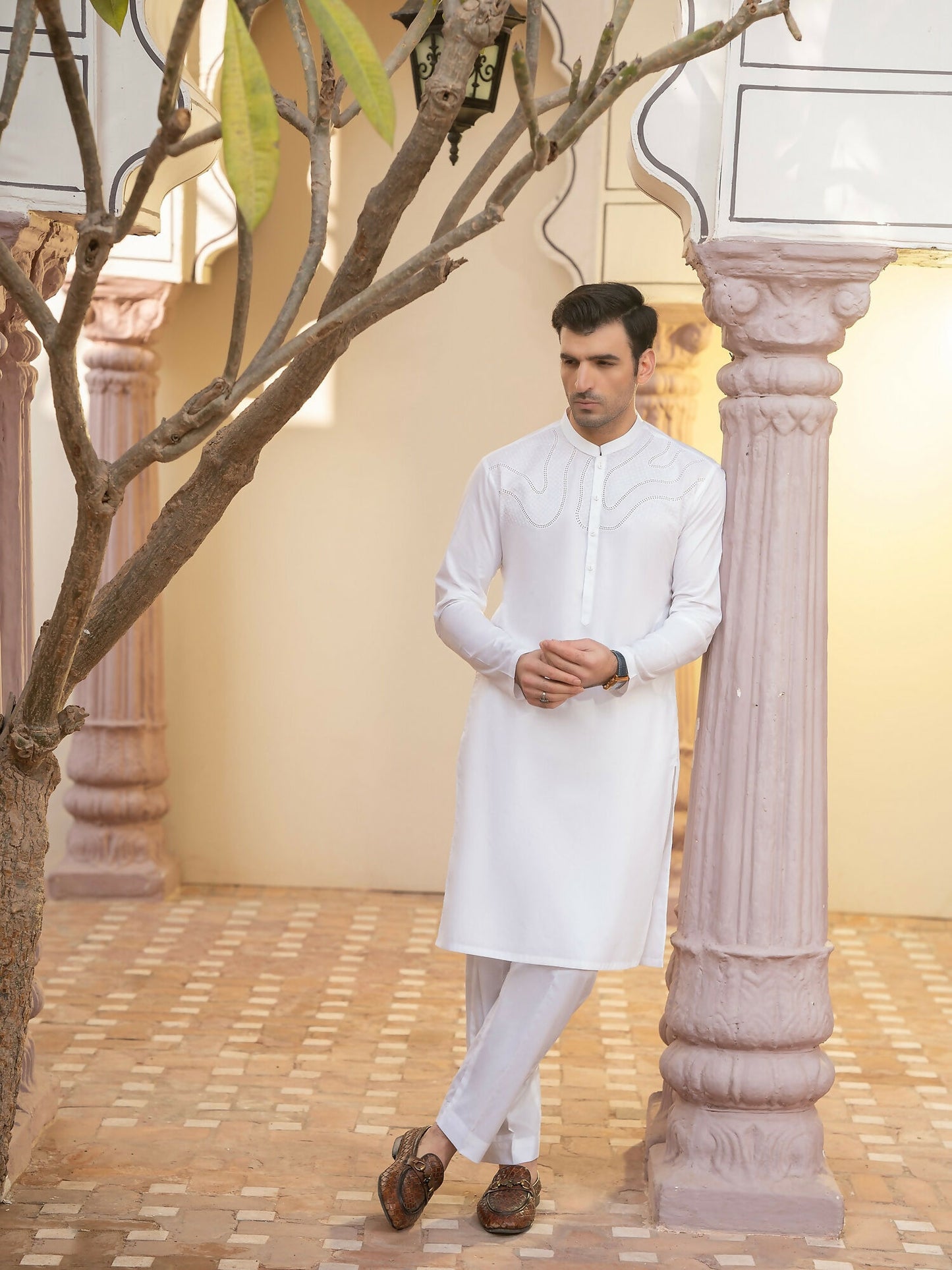 Off-White Fabrich Men Embroidered Unstitched Cotton Shalwar Kameez-GTS-MCE-033