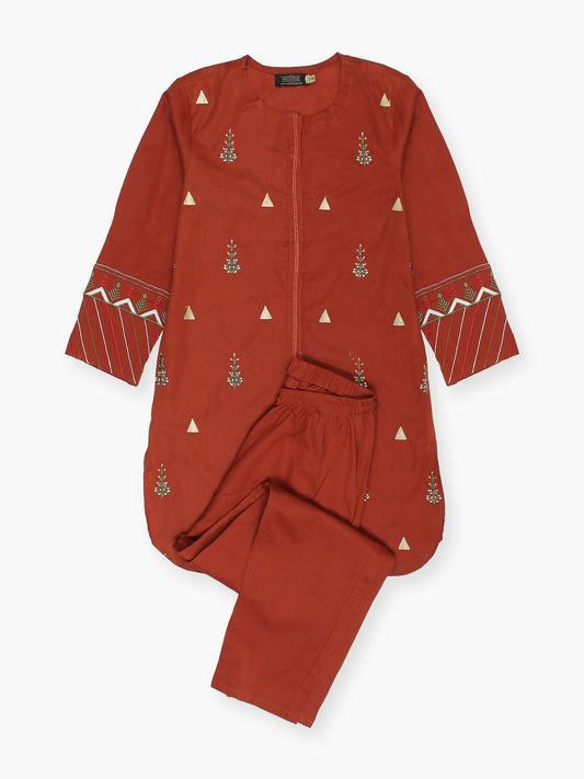 Velvour Girls Cotton Embroidered Stitched 2-Piece Suit-VG101-C