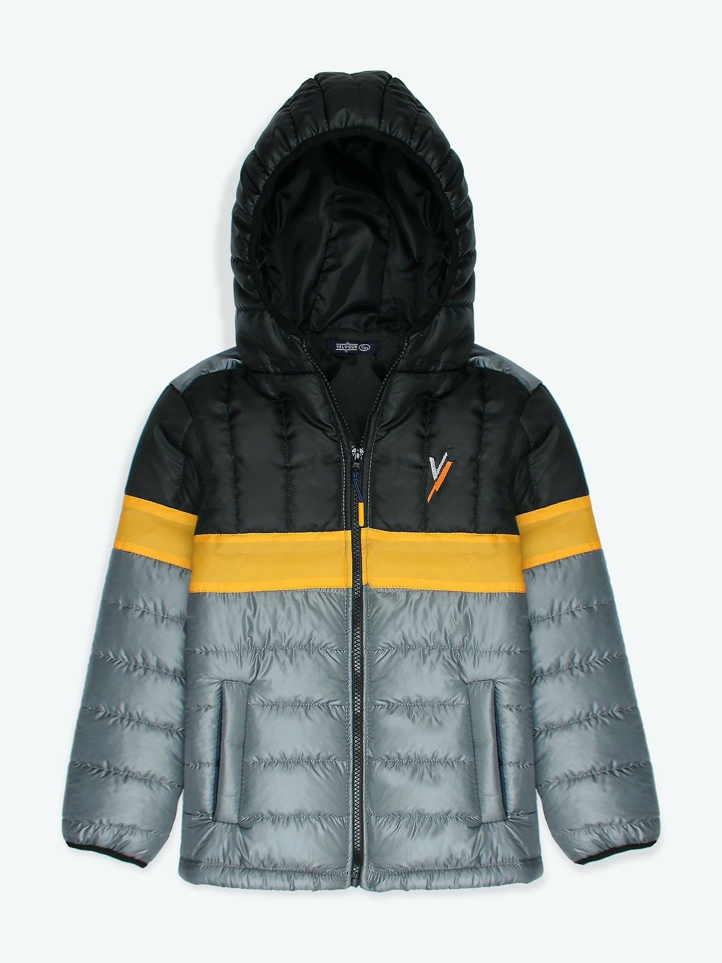 Black , Yellow and Grey Velvour Printed Puffer Jacket-VJ012-C