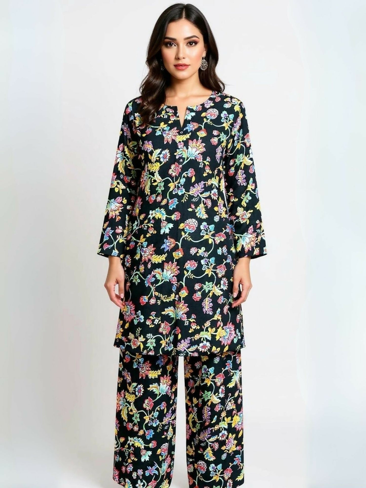 Bin Shaukat unstitched 2-piece digital lawn suit with all-over print and matching printed trouser.