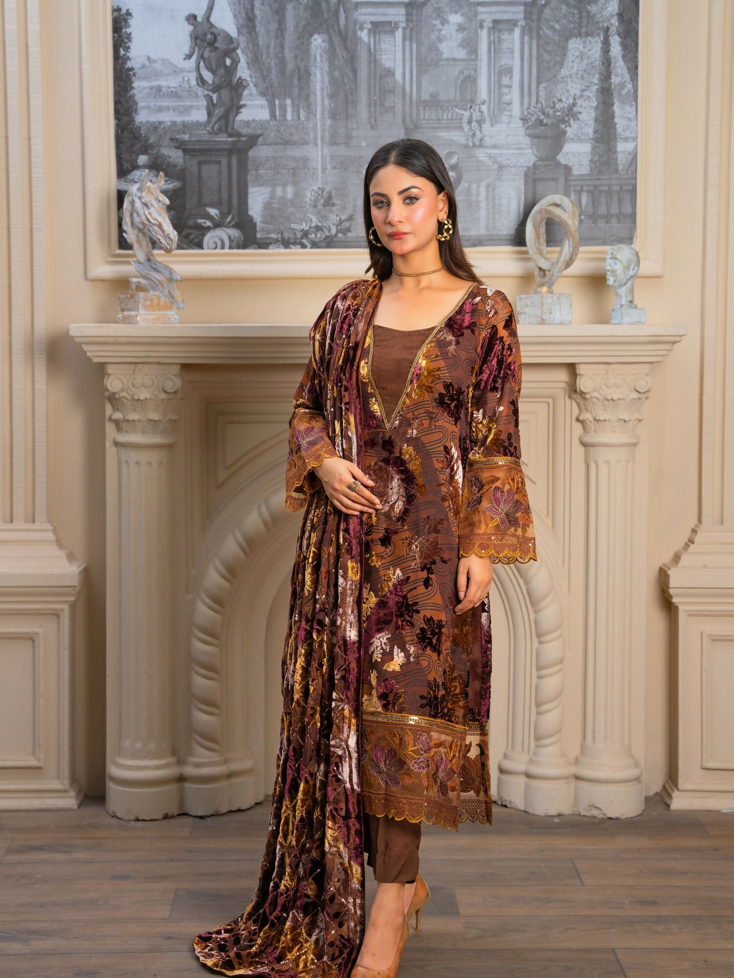 Noori Palachi Embossed Printed and Embroidered Unstitched 3-Piece Suit