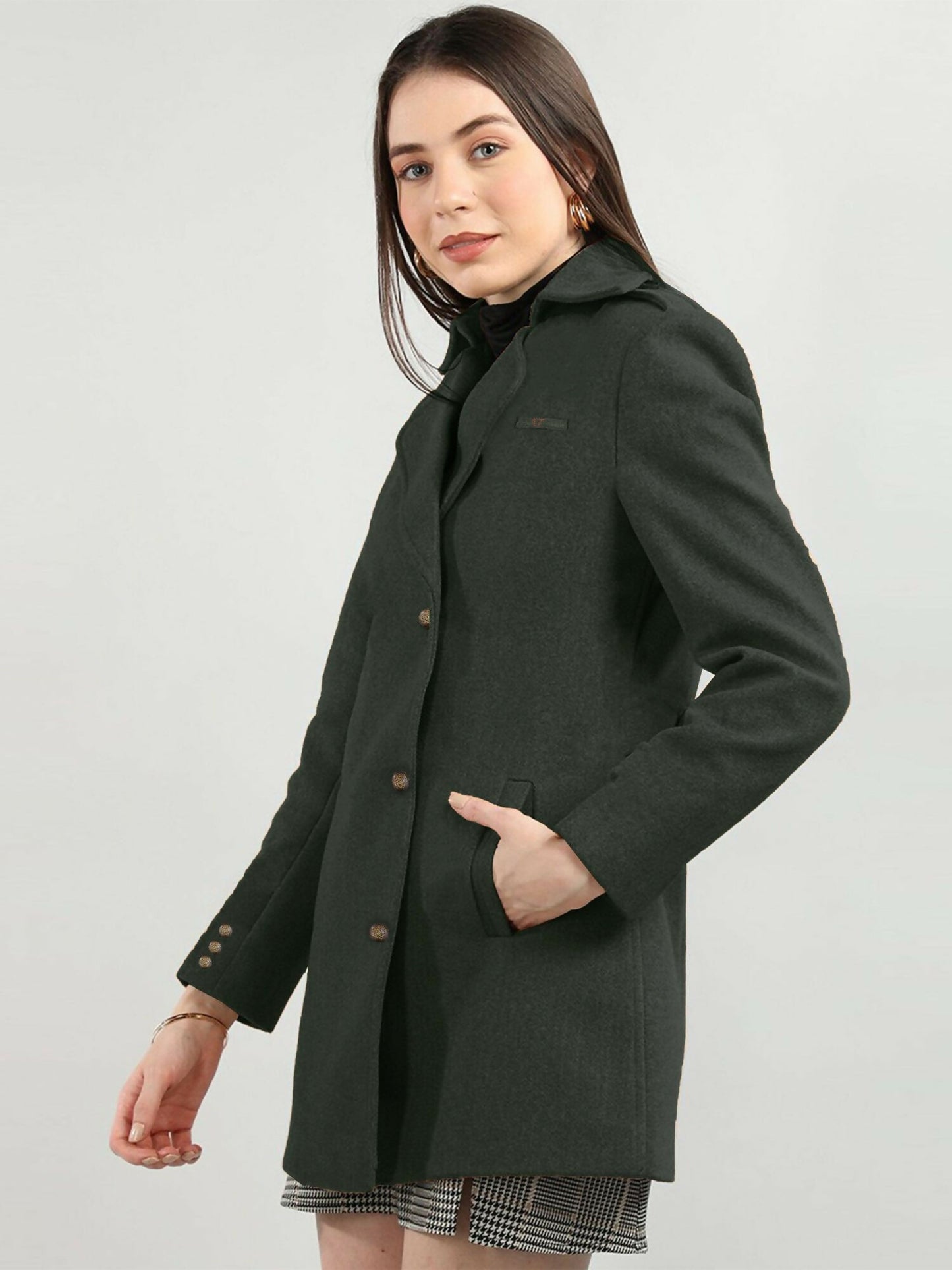Green and Brown Jupiter Women Imported Woolen Traditional Long Coat-14066