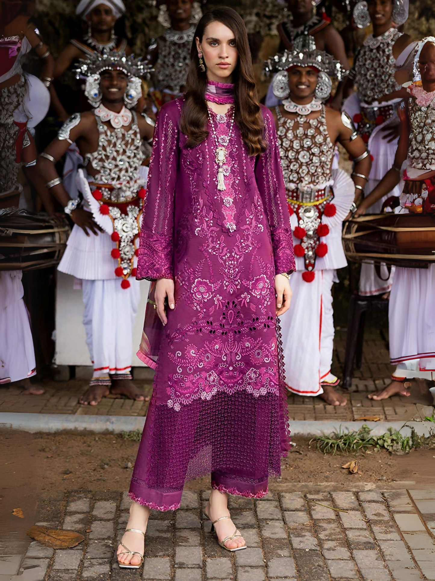 Mushq unstitched 3-piece suit with chikan embroidered lawn shirt, silk embroidered neckline and borders, crochet 3D flower, digital printed silk dupatta, and cotton trousers with lace.