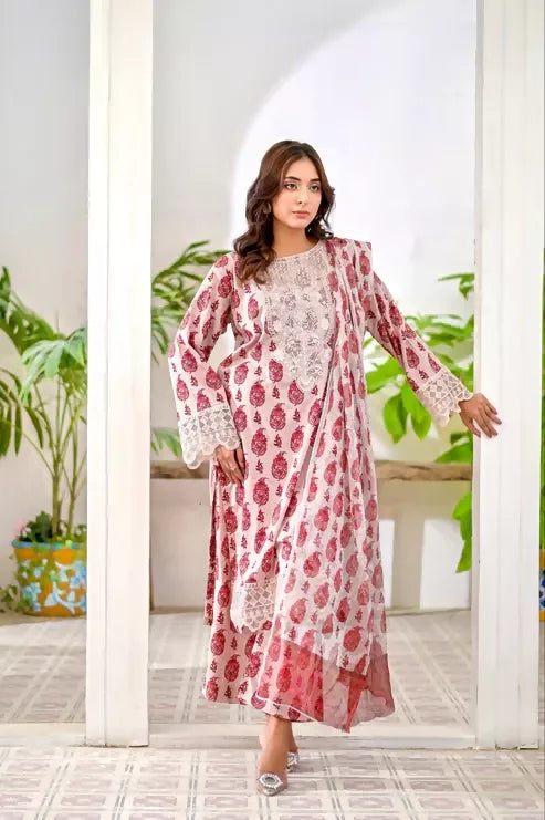 MAK Fashion Lawn Embroidered Stitched 3-Piece Suit-Ruby Rouge