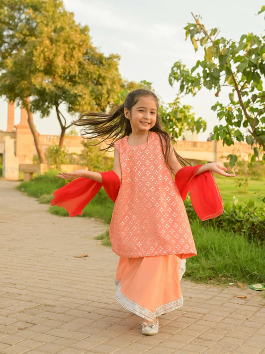 Kidoz Kloset Cotton Silk Embroidered Stitched 3-Piece Suit-Silver Whisper Peach-Girl