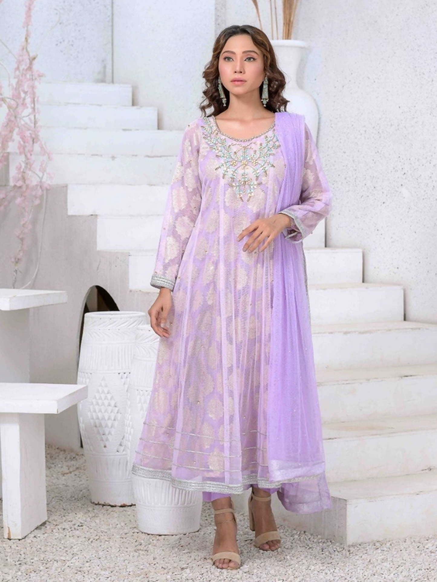 Ruby's Couture Ashiyana Net & Jacquard Embroidered Stitched 3-Piece Suit-Annika