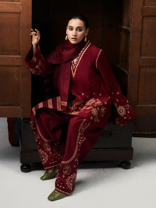 Jugnu by Hussain Rehar Khaddar Pret’26 Wool Embroidered Scarf-Jasmin