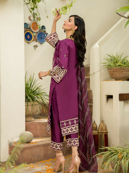 Panache Apparel Chambray Katan Embroidered Stitched Suit-Sangria