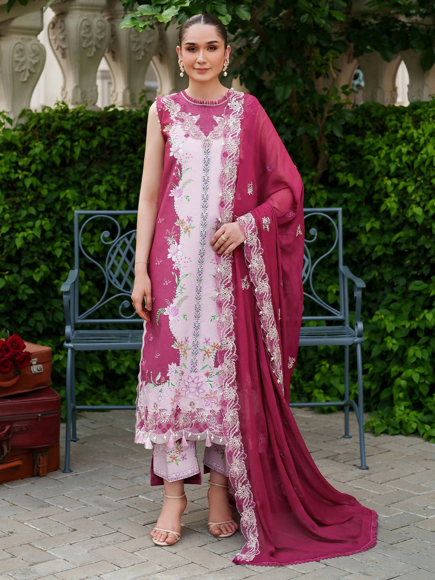 Parishay Ivy Bloom Winter unstitched 3-piece suit with embroidered neckline, front lace, sleeve patch, sleeve lace, chiffon dupatta, and viscose trouser.