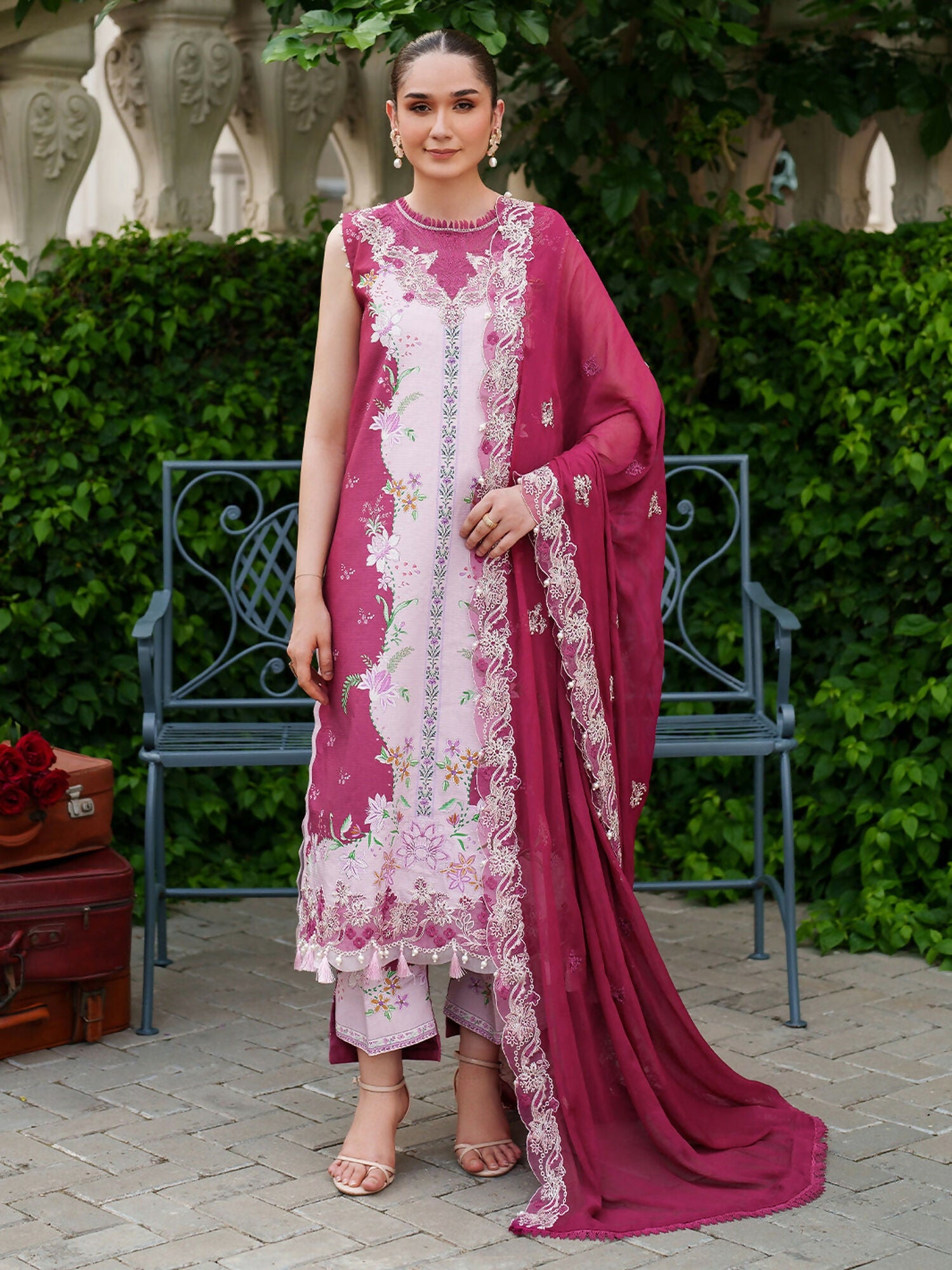 Parishay Ivy Bloom Winter unstitched 3-piece suit with embroidered neckline, front lace, sleeve patch, sleeve lace, chiffon dupatta, and viscose trouser.