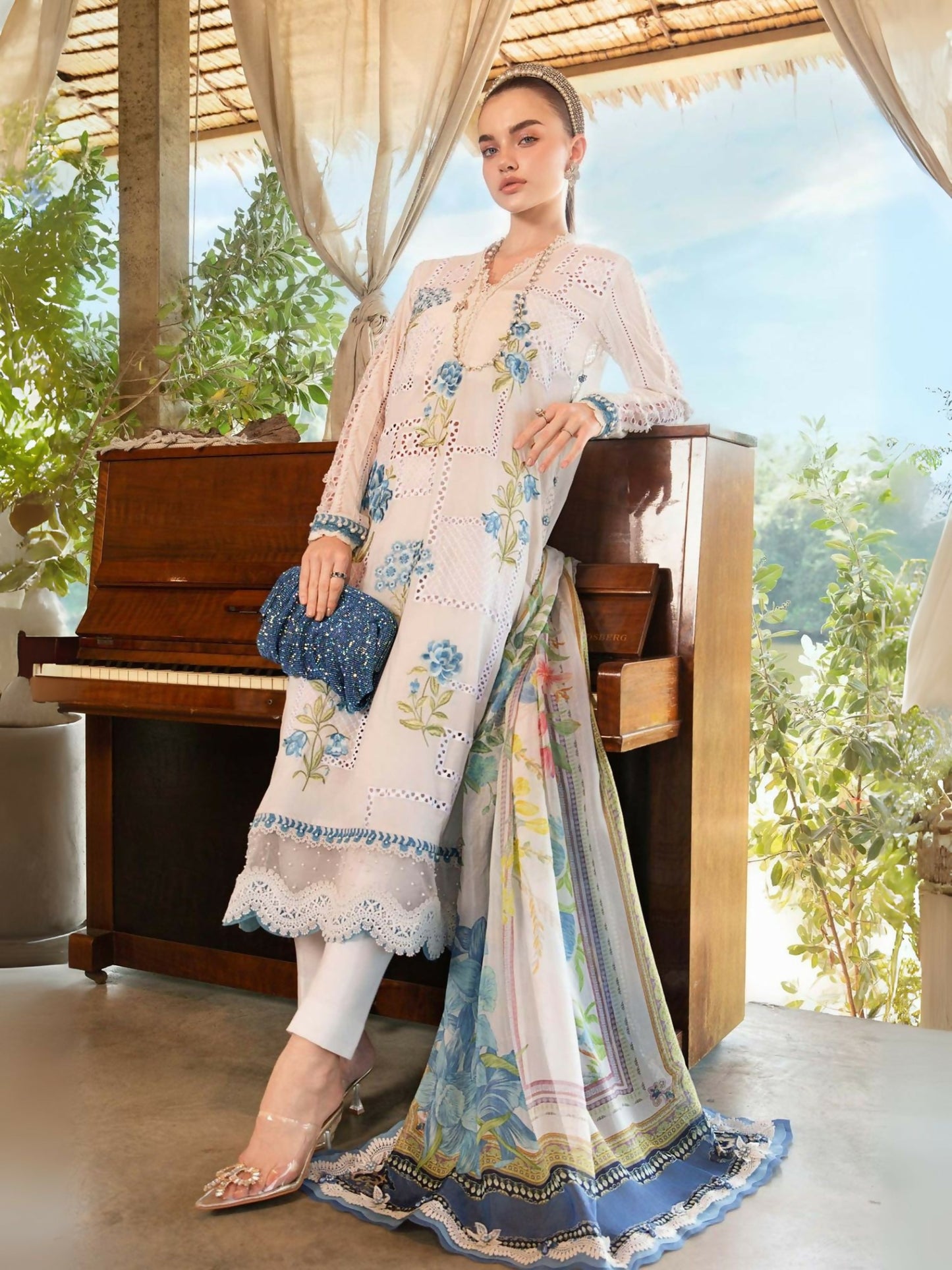Maria.B white and blue lawn outfit with embroidered front and printed silk dupatta.