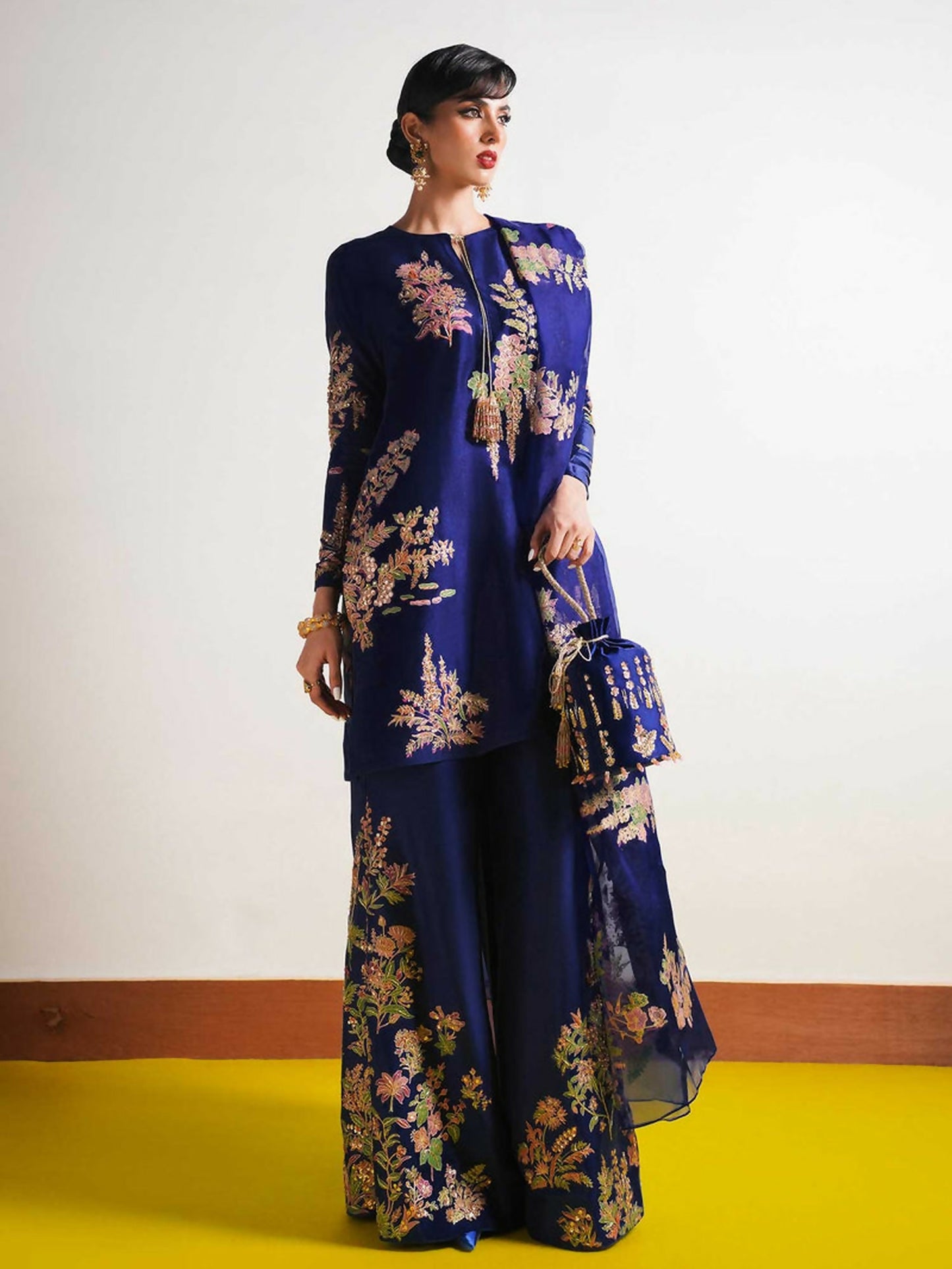 Navy Blue Hussain Rehar BASIC NOT BASIC IV Raw Silk Embroidered Stitched 3-Peice Suit-Marine