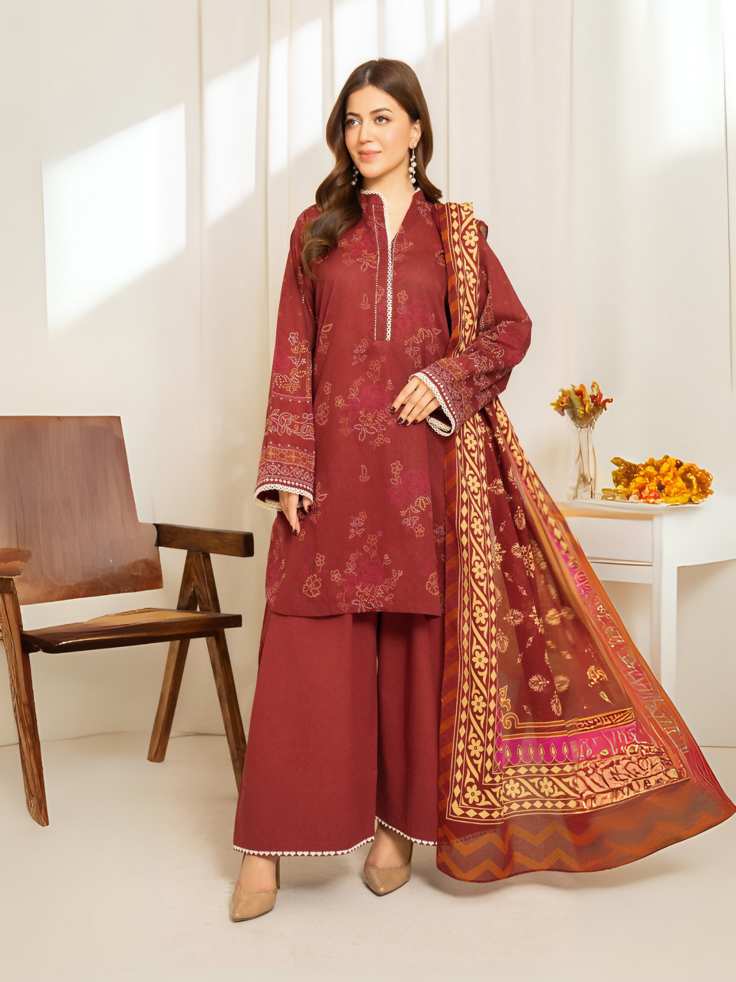 Maroon printed lawn suit with gold voile dupatta