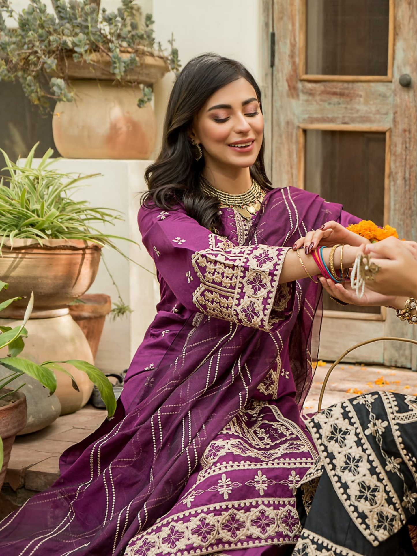 Panache Apparel Chambray Katan Embroidered Stitched Suit-Sangria