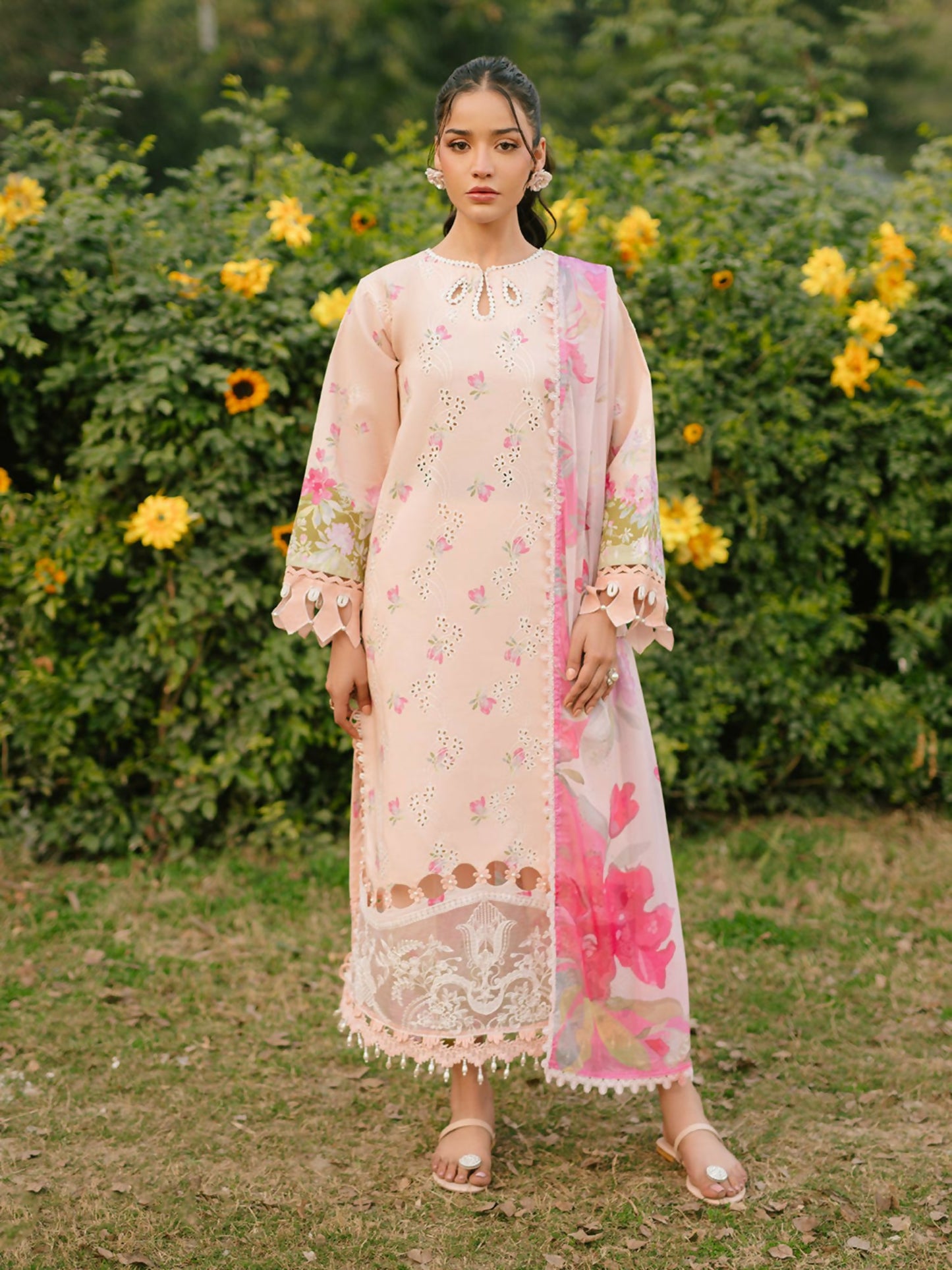Parishay embroidered lawn front with intricate neckline and borders – stitched 3-piece suit