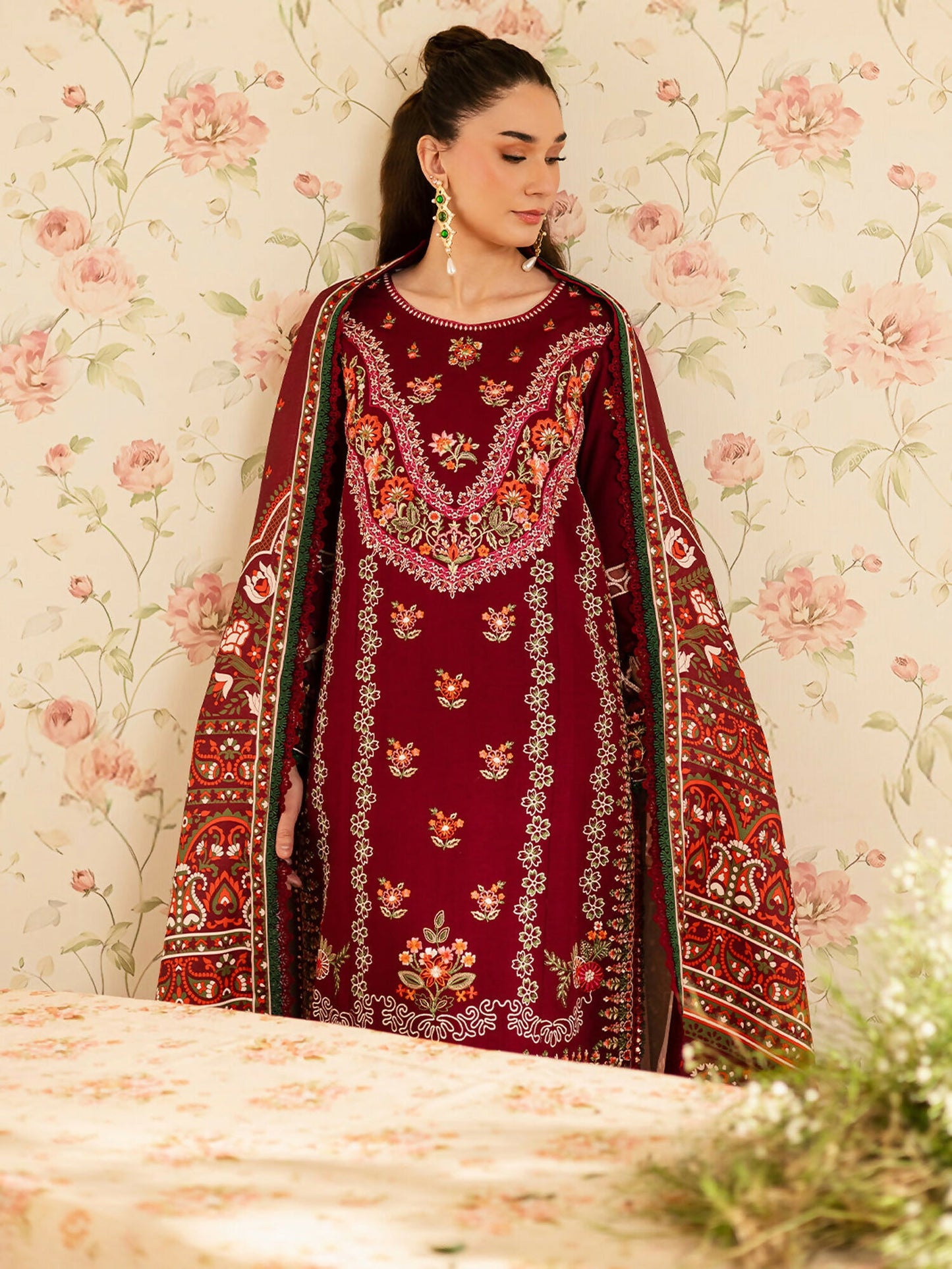 Mahnur Kaia Slub Linen Embroidered Stitched 3-Piece Suit-K- 12