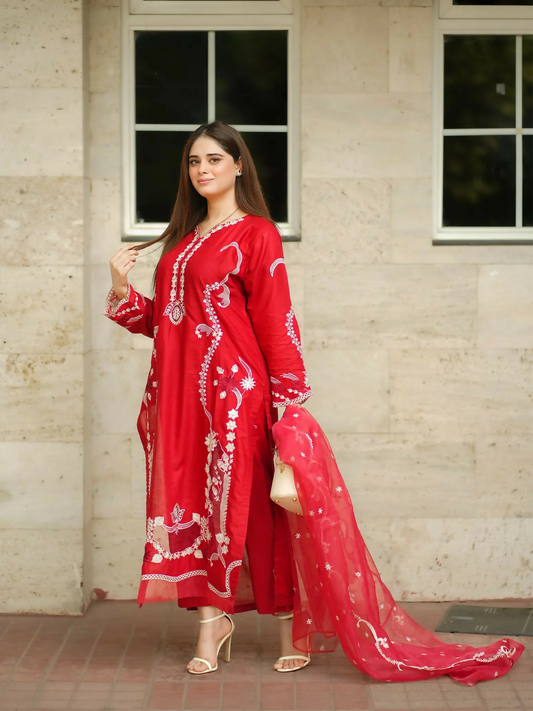 Zeephire Cotton Embroidered Stitched 3-Piece Suit-Red Reverie