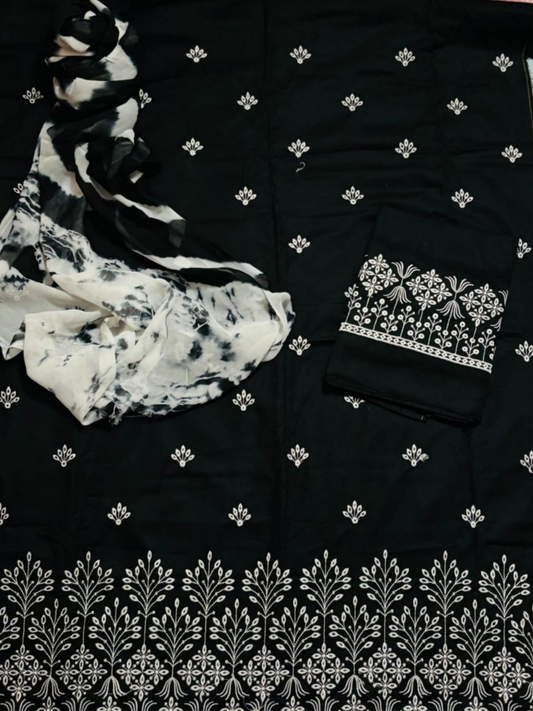 Fehm unstitched black lawn 2-piece suit with embroidered front motifs, plain back, embroidered sleeves, and tie-and-dye lawn dupatta.