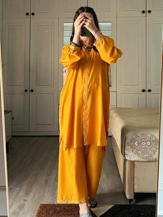 Stylish Collection Aaraish Linen Embroidered Co-Ord Set–Yellow Ringels