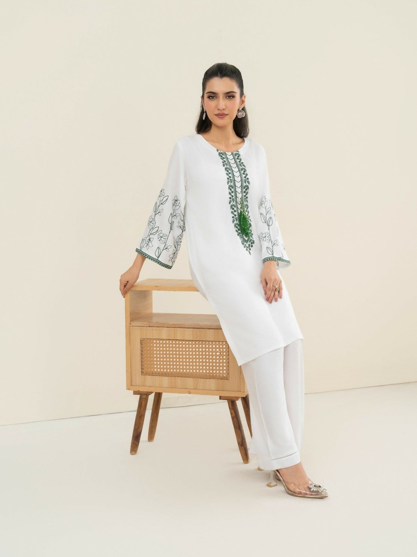 Stylish Collection Saya Pret Linen Embroidered 2-Piece Suit-Embellish White