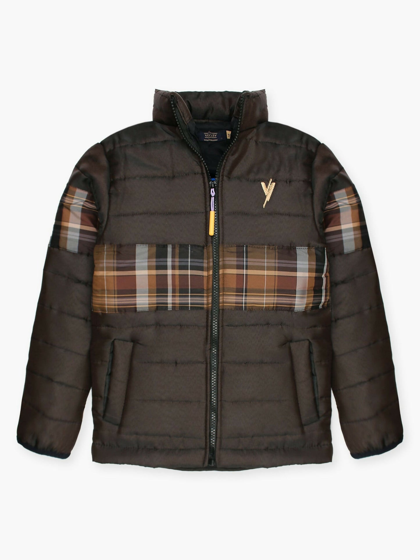 Brown Velvour Printed Puffer Jacket-VJ34-B