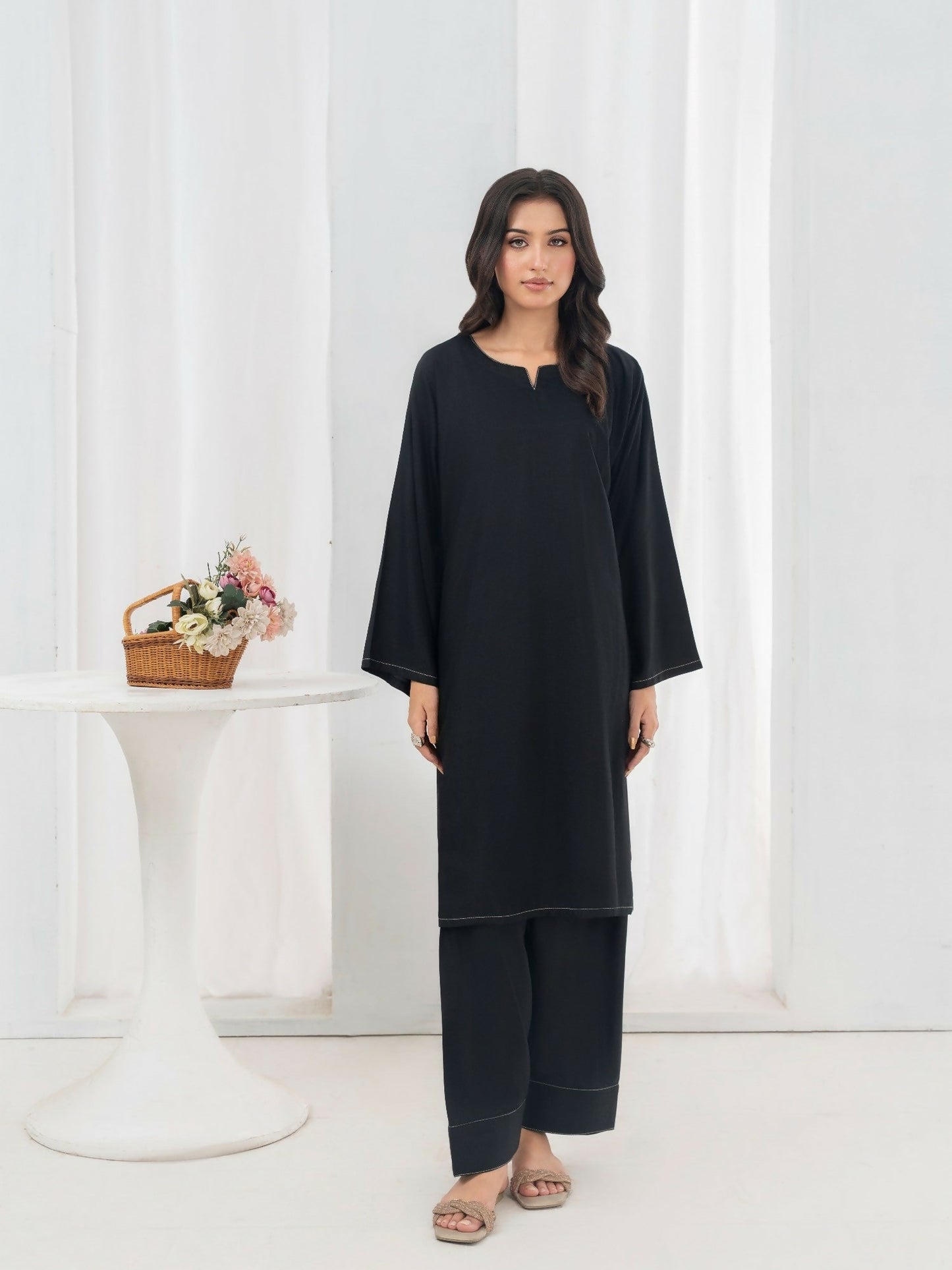 Stylish Collection Allure Linen Stitched 2-Piece Suit-Plain Black
