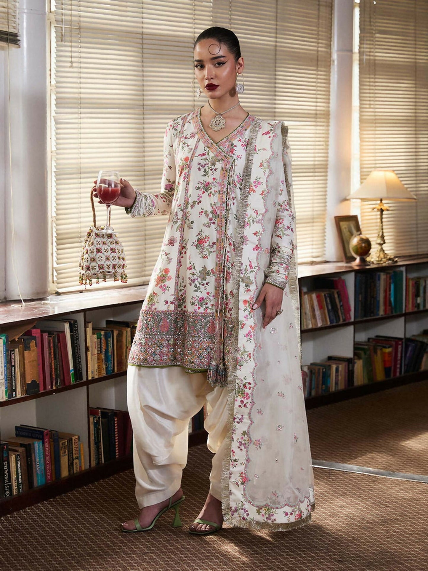 Hussain Rehar Ivorish Pearl 3-piece raw silk digital printed angrakha with hand embellishments, ivory raw silk shalwar, and embroidered organza dupatta