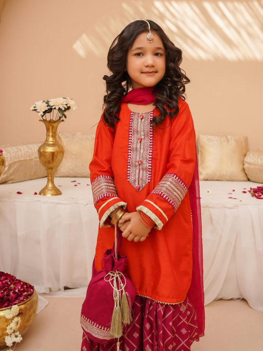 Kidoz Kloset Cotton Silk Embroidered Gharara-Pink Blush Luxe-Girl