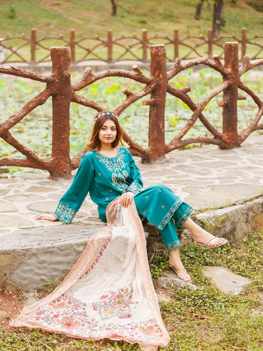 MAK Fashion Lawn Embroidered Stitched 3-Piece Suit-Saffron