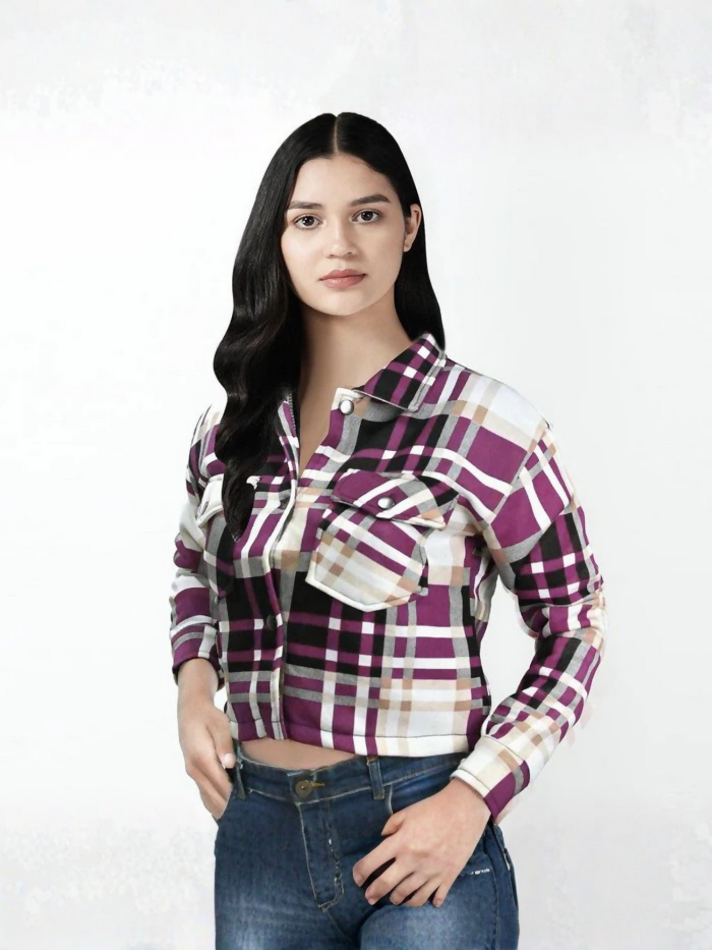 Purple Jupiter Women Cropped Tartan Style Vogue Jacket-14686