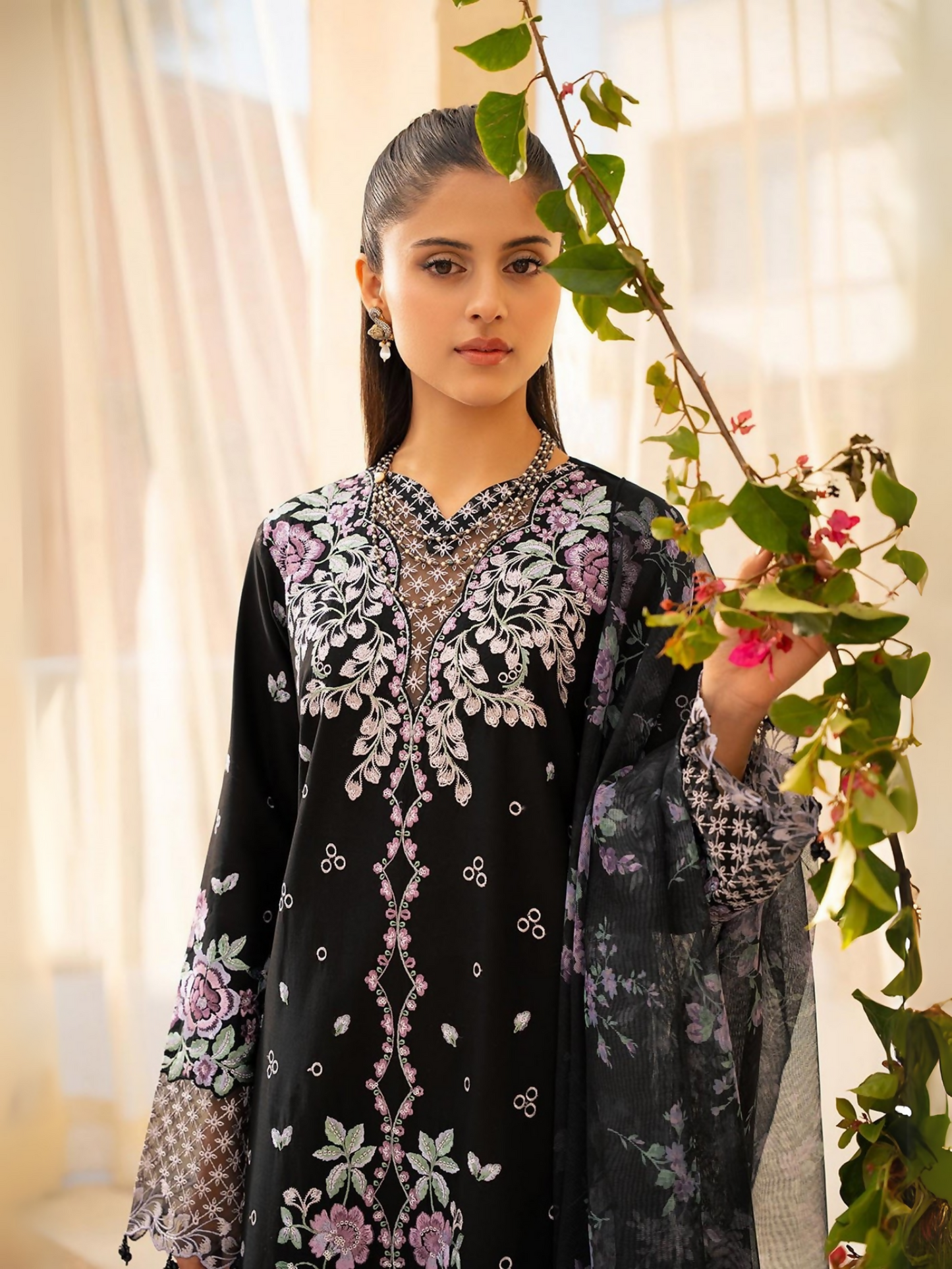 RajBari VERA 1-A black floral embroidered 3-piece unstitched lawn suit with net dupatta